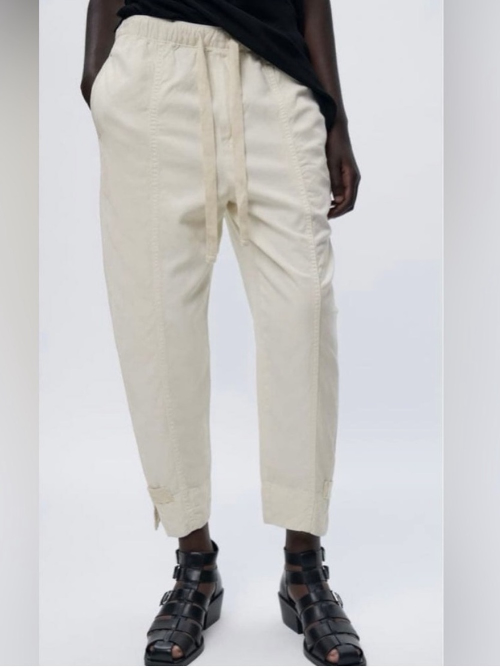 Zara Balloon‎ Trousers in Ecru Light Beige Drawstring Barrel Front Seam XL NWT